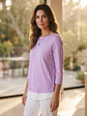 J Jill Love Linen Tunic XL Lilac White Layered Hem Side Button 3/4 Sleeve